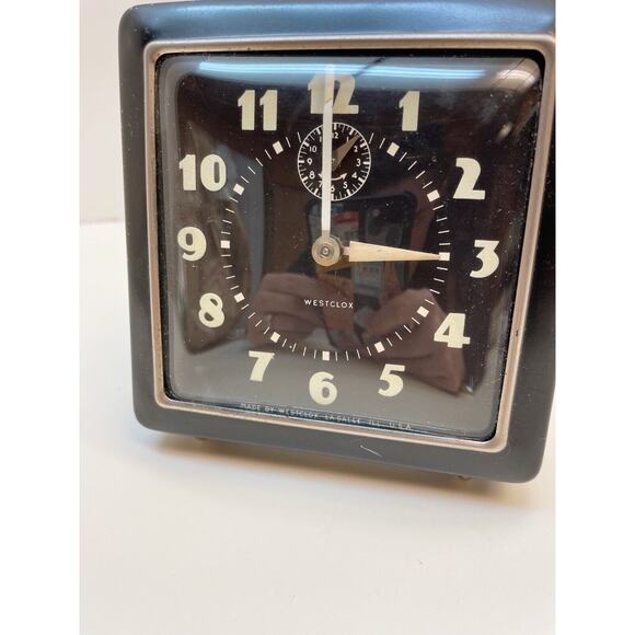 Antique Westclox Spur Model Square Mid Century Clock Chrome Accents Alarm Clock - Picture 5 of 9